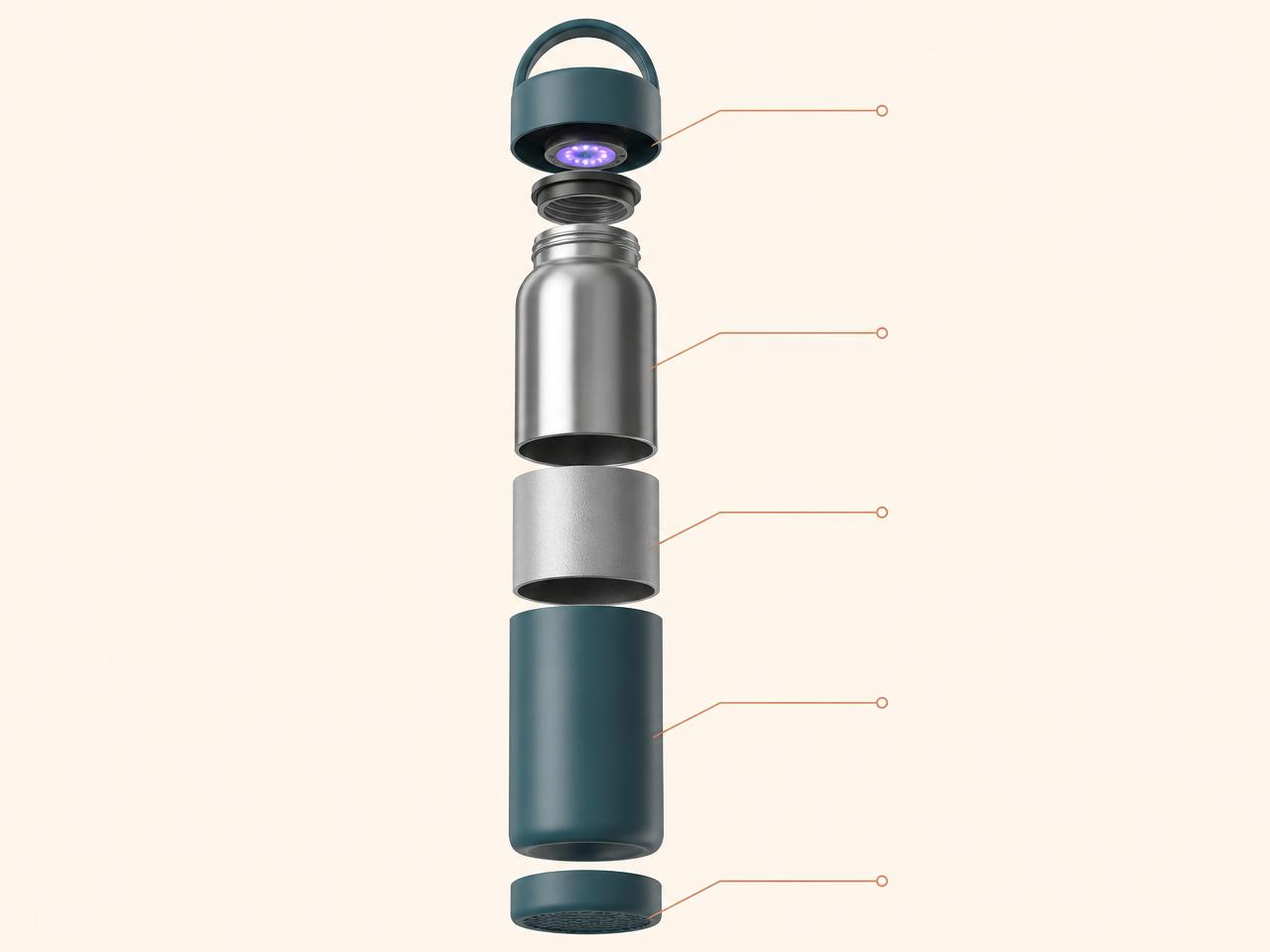 Exploded diagram of the UltraV Bottle™ showing the UV-C cap module, stainless inner wall, vacuum layer, outer shell and silicone base