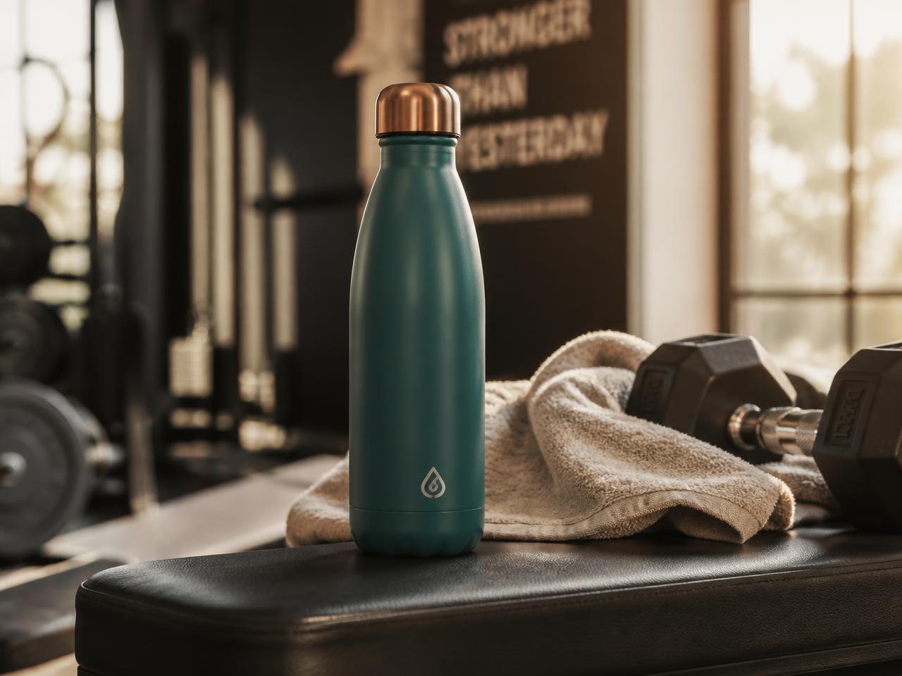 UltraV Bottle™ on a gym bench next to a towel and dumbbells in morning light
